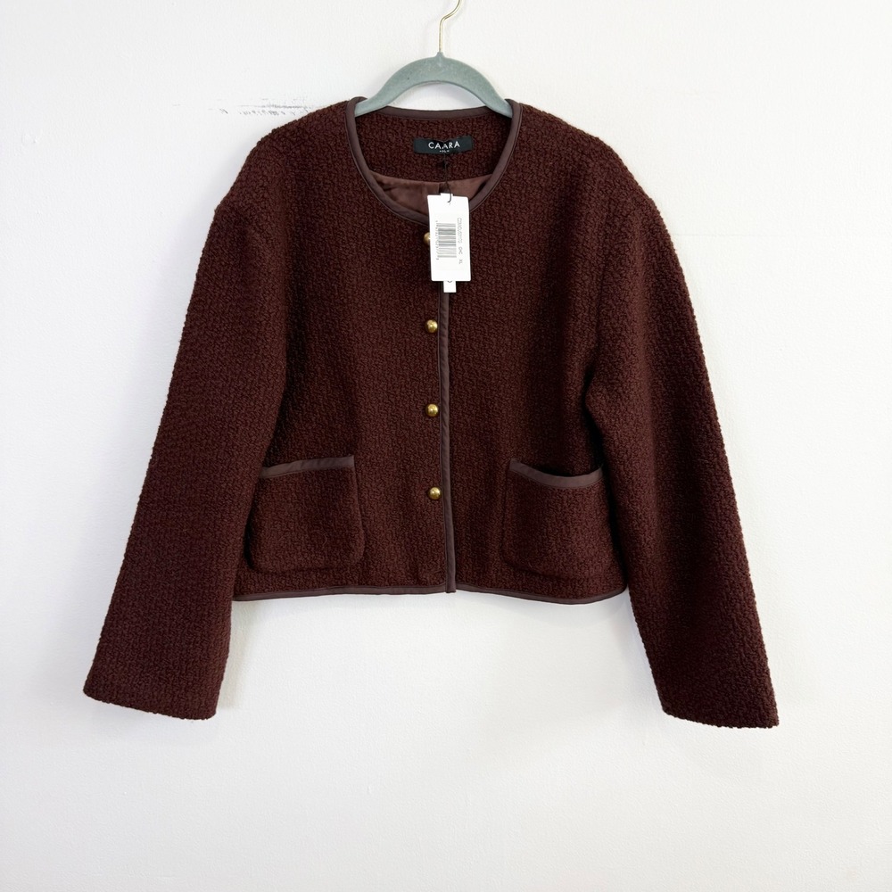 CAARA Brown Boucle Wool Blend Cropped Jacket Size XL NWT Gold Buttons